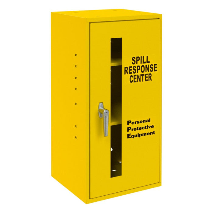 052-50 Spill Control/Respirator Cabinet, 3 Shelves, Full Length Plexiglass Window, Key Hole Slots For Wall Mounting, Locking handle with keys, Rust And Acid Resistant, Yellow