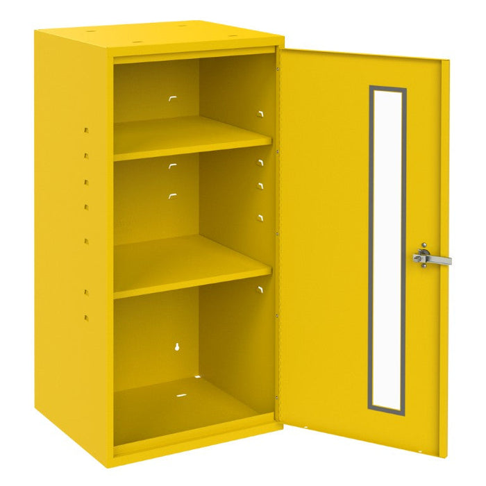 052-50 Spill Control/Respirator Cabinet, 3 Shelves, Full Length Plexiglass Window, Key Hole Slots For Wall Mounting, Locking handle with keys, Rust And Acid Resistant, Yellow