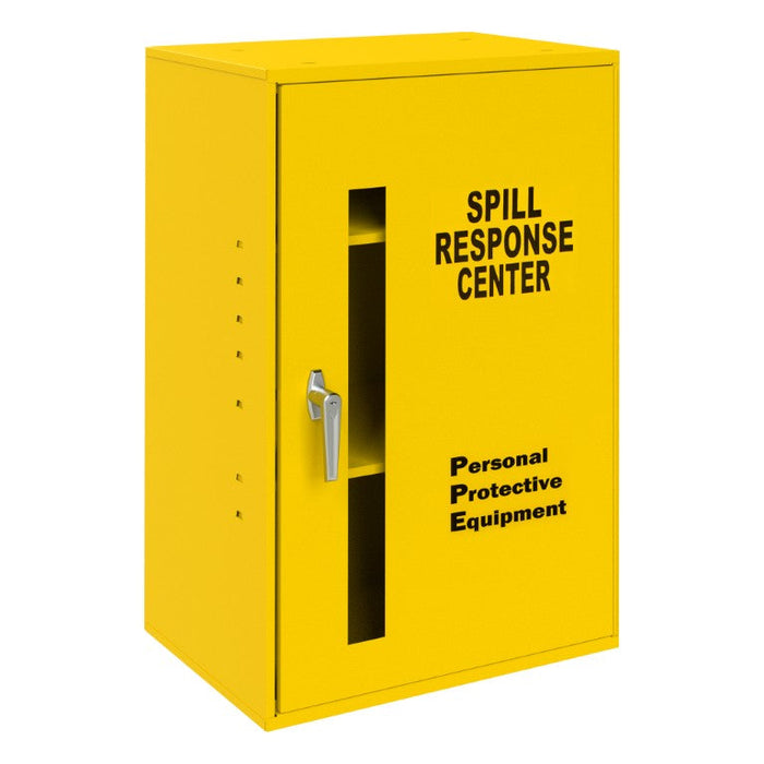 057-50 Spill Control/Respirator Cabinet, 2 Shelves, Full Length Plexiglass Window, Key Hole Slots For Wall Mounting, Locking handle with keys, Rust And Acid Resistant, Yellow