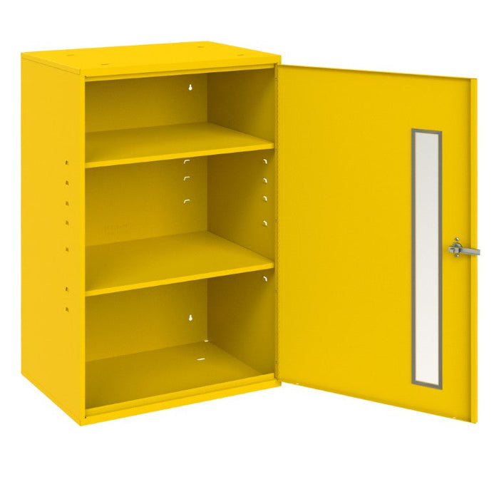057-50 Spill Control/Respirator Cabinet, 2 Shelves, Full Length Plexiglass Window, Key Hole Slots For Wall Mounting, Locking handle with keys, Rust And Acid Resistant, Yellow