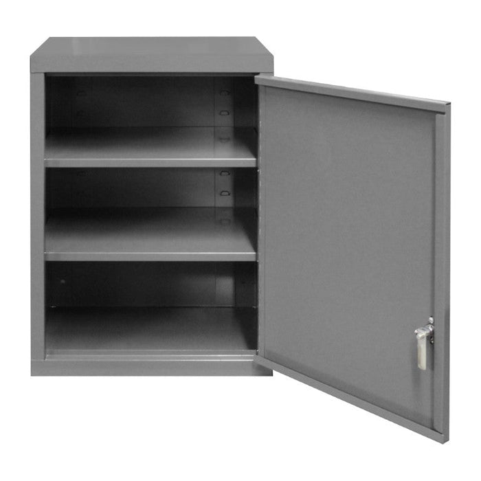 070SD-95 Wall Mounted Storage Cabinet, 18 Gauge, 3 Shelves, 1 Door, Keyed Handle And Key Hole Slots For Wall Mounting, Gray