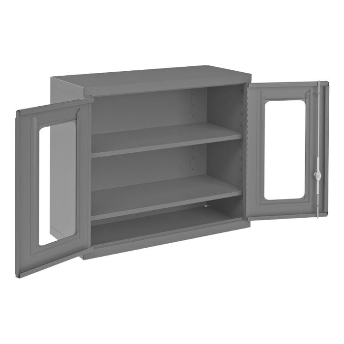 071CV-95 Wall Mounted Storage Cabinet, Clearview Doors, 18 Gauge, 2 Adjustable Shelves, 2 Doors, Keyed Handle And Key Hole Slots For Wall Mounting, Gray