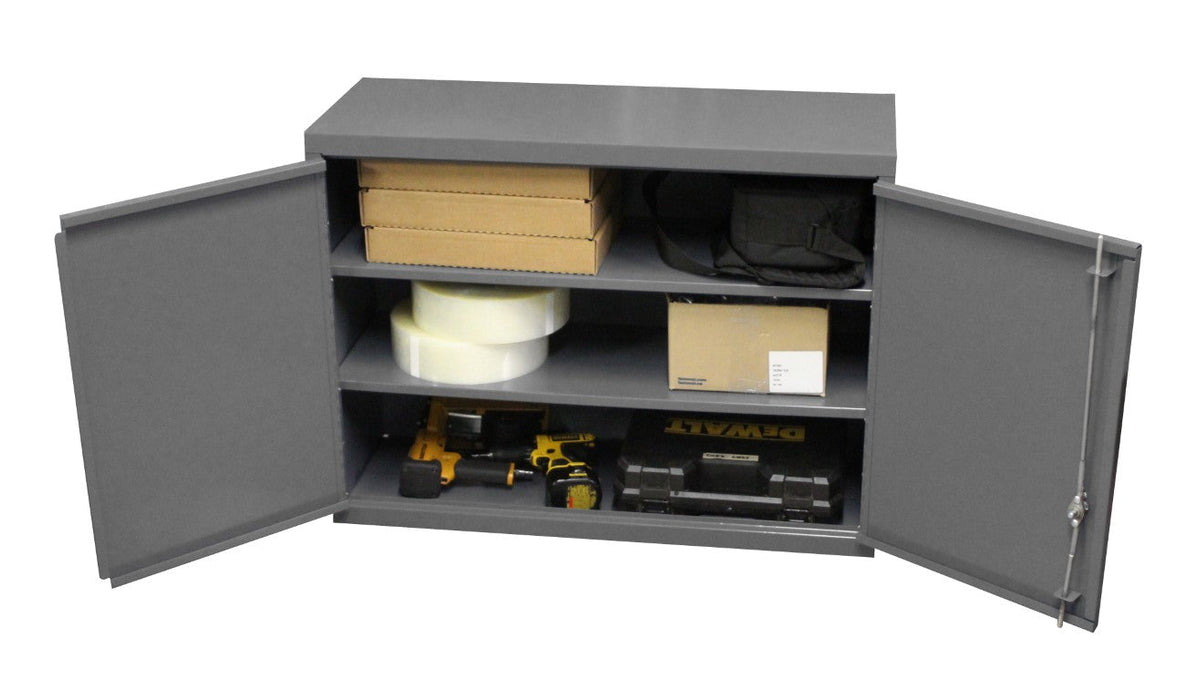 071SD-95 Wall Mounted Storage, 18 Gauge, 3 Shelves, 2 Door, Keyed Handle And Key Hole Slots For Wall Mounting, Gray