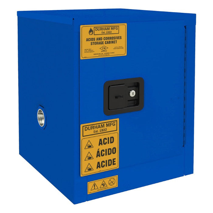 1004M-293T FM Approved, Corrosive Storage Cabinet, 4 Gallon, 1 Door, Manual Close, 1 Shelf, 2 Plastic Trays, Blue
