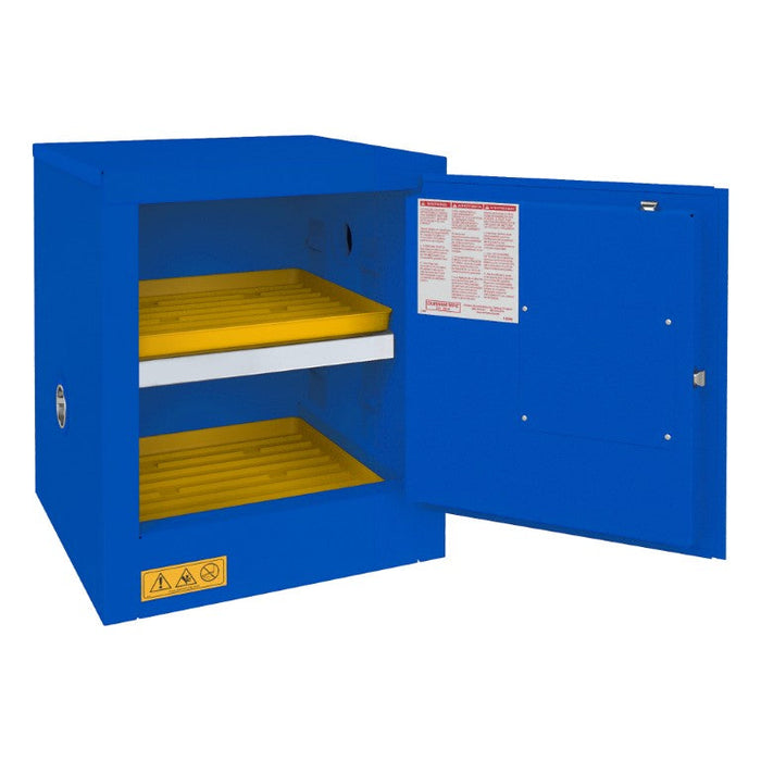 1004M-293T FM Approved, Corrosive Storage Cabinet, 4 Gallon, 1 Door, Manual Close, 1 Shelf, 2 Plastic Trays, Blue