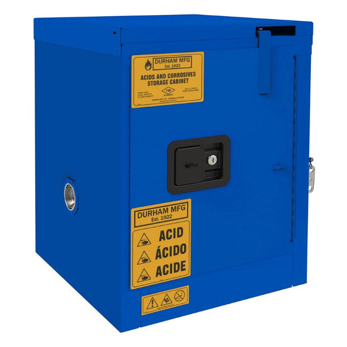 1004S-293T FM Approved, Corrosive Storage Cabinet, 4 Gallon, 1 Door, Self Close, 1 Shelf, 2 Plastic Trays, Blue