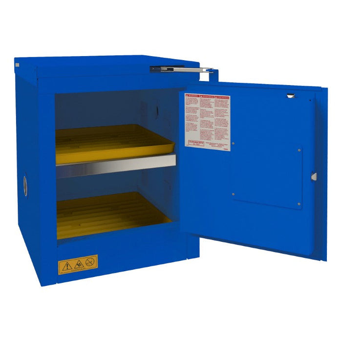 1004S-293T FM Approved, Corrosive Storage Cabinet, 4 Gallon, 1 Door, Self Close, 1 Shelf, 2 Plastic Trays, Blue
