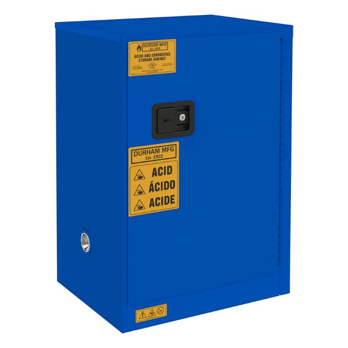 1012M-293T FM Approved, Corrosive Storage Cabinet, 12 Gallon, 1 Door, Manual Close, 1 Shelf, 2 Plastic Trays, Blue