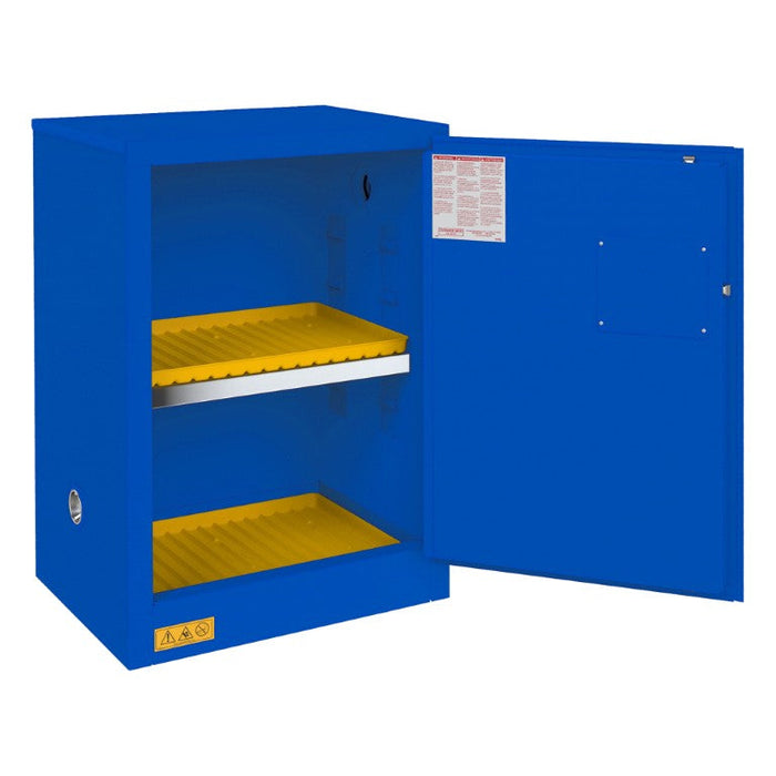 1012M-293T FM Approved, Corrosive Storage Cabinet, 12 Gallon, 1 Door, Manual Close, 1 Shelf, 2 Plastic Trays, Blue