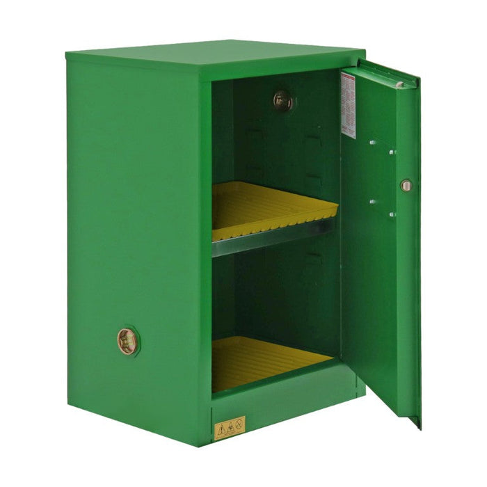 1012M-83T FM Approved, Pesticide Storage Cabinet, 12 Gallon, 1 Door, Manual Close, 1 Shelf, 2 Plastic Trays, Green