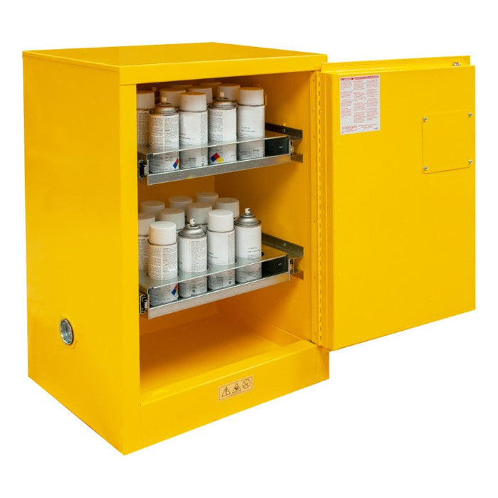 1012MA-50 FM Approved, Flammable Storage Cabinet, Accommodates 24 Standard 12 oz. Cans, 1 Door, Manual Close, 2 Sliding Shelves, Safety Yellow