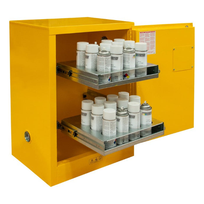 1012MA-50 FM Approved, Flammable Storage Cabinet, Accommodates 24 Standard 12 oz. Cans, 1 Door, Manual Close, 2 Sliding Shelves, Safety Yellow