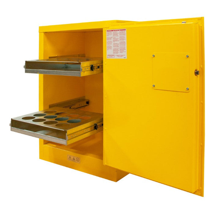 1012MA-50 FM Approved, Flammable Storage Cabinet, Accommodates 24 Standard 12 oz. Cans, 1 Door, Manual Close, 2 Sliding Shelves, Safety Yellow