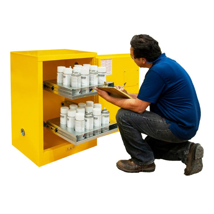 1012MA-50 FM Approved, Flammable Storage Cabinet, Accommodates 24 Standard 12 oz. Cans, 1 Door, Manual Close, 2 Sliding Shelves, Safety Yellow