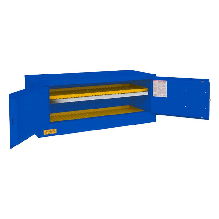1012MH-293T FM Approved, Corrosive Storage Cabinet, 12 Gallon (horizontal), 2 Doors, Manual Close, 1 Shelf, 2 Plastic Trays, Blue