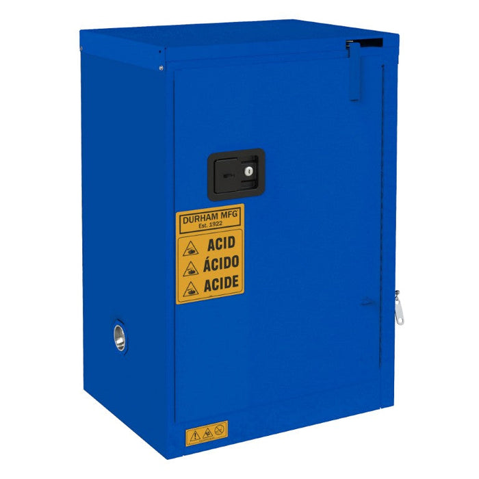 1012S-293T FM Approved, Corrosive Storage Cabinet, 12 Gallon, 1 Door, Self Close, 1 Shelf, 2 Plastic Trays, Blue