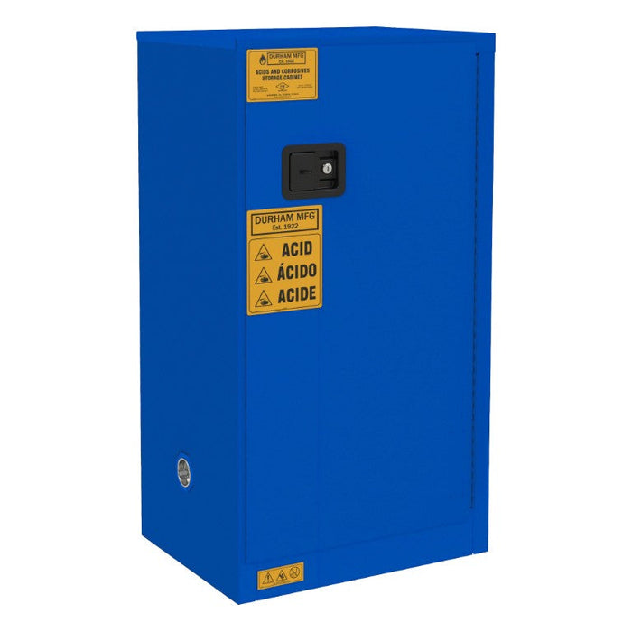 1016M-293T FM Approved, Corrosive Storage Cabinet, 16 Gallon, 1 Door, Manual Close, 1 Shelf, 2 Plastic Trays, Blue