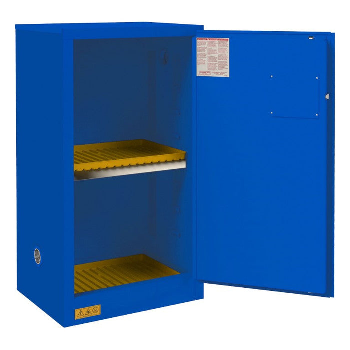 1016M-293T FM Approved, Corrosive Storage Cabinet, 16 Gallon, 1 Door, Manual Close, 1 Shelf, 2 Plastic Trays, Blue