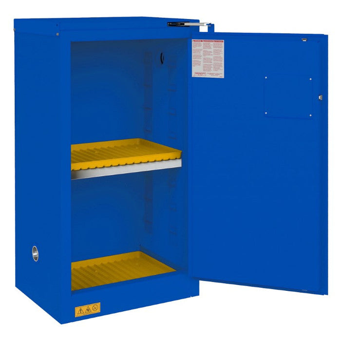 1016S-293T FM Approved, Corrosive Storage Cabinet, 16 Gallon, 1 Door, Self Close, 1 Shelf, 2 Plastic Trays, Blue