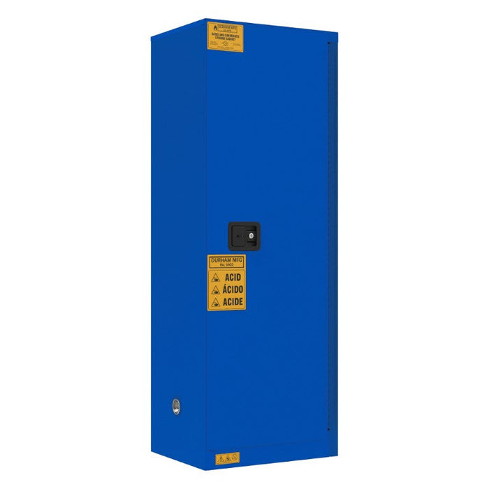 1022M-293T FM Approved, Corrosive Storage Cabinet, 22 Gallon, 1 Door, Manual Close, 2 Shelves, 3 Plastic Trays, Blue