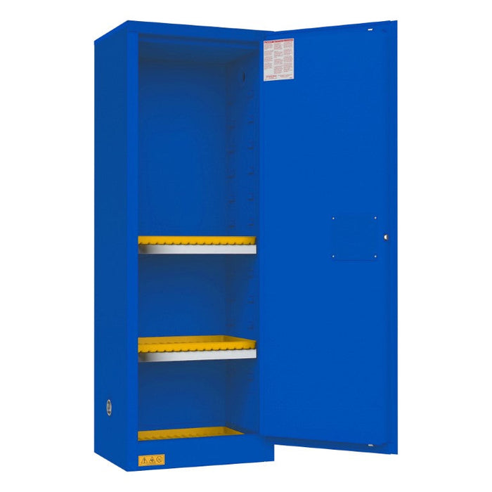 1022M-293T FM Approved, Corrosive Storage Cabinet, 22 Gallon, 1 Door, Manual Close, 2 Shelves, 3 Plastic Trays, Blue