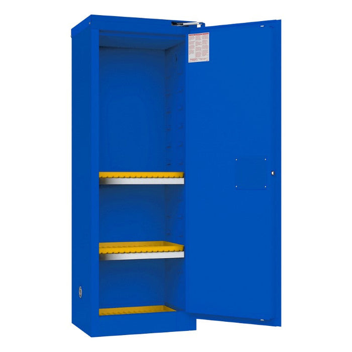 1022S-293T FM Approved, Corrosive Storage Cabinet, 22 Gallon, 1 Door, Self Close, 2 Shelves, 3 Plastic Trays, Blue