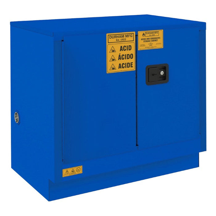 1022UCM-293T FM Approved, Corrosive Storage Cabinet, 22 Gallon, Under Counter, 2 Doors, Manual Close, 1 Shelf, 2 Plastic Trays, Blue