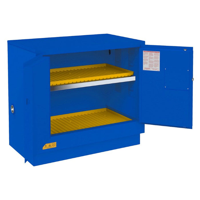 1022UCM-293T FM Approved, Corrosive Storage Cabinet, 22 Gallon, Under Counter, 2 Doors, Manual Close, 1 Shelf, 2 Plastic Trays, Blue