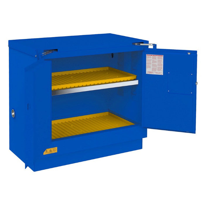 1022UCS-293T FM Approved, Corrosive Storage Cabinet, 22 Gallon, Under Counter, 2 Doors, Self Close, 1 Shelf, 2 Plastic Trays, Blue