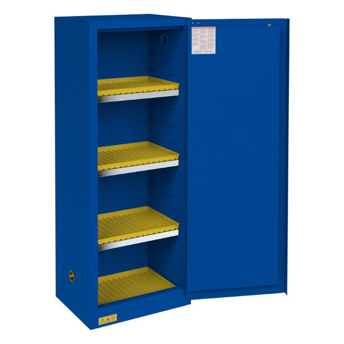 1024M-293T FM Approved, Corrosive Storage Cabinet, 24 Gallon, 1 Door, Manual Close, 3 Shelves, 4 Plastic Trays, Blue