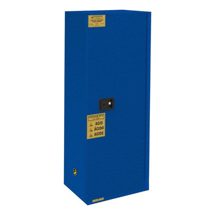 1024M-293T FM Approved, Corrosive Storage Cabinet, 24 Gallon, 1 Door, Manual Close, 3 Shelves, 4 Plastic Trays, Blue