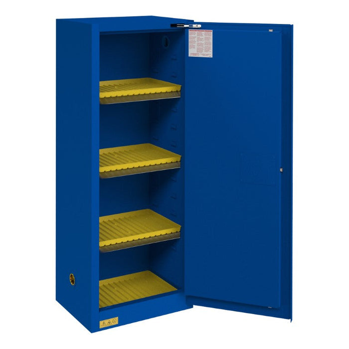 1024S-293T FM Approved, Corrosive Storage Cabinet, 24 Gallon, 1 Door, Self Close, 3 Shelves, 4 Plastic Trays, Blue
