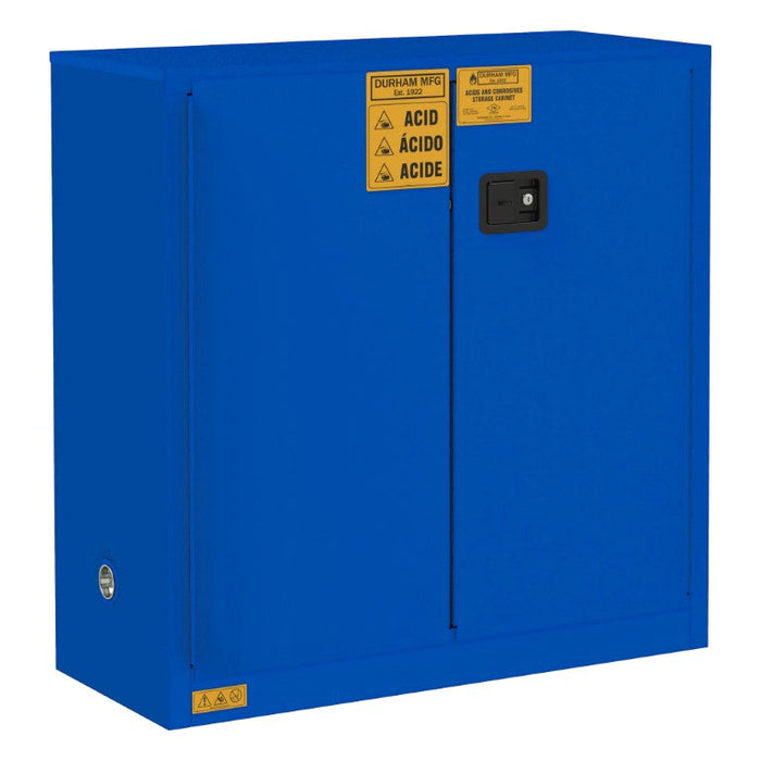 1030M-293T FM Approved, Corrosive Storage Cabinet, 22 Gallon, 2 Doors, Manual Close, 1 Shelf, 2 Plastic Trays, Blue