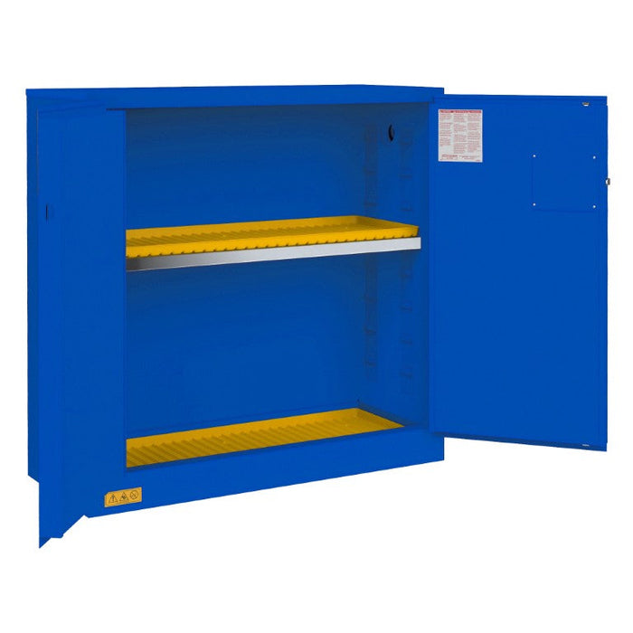 1030M-293T FM Approved, Corrosive Storage Cabinet, 22 Gallon, 2 Doors, Manual Close, 1 Shelf, 2 Plastic Trays, Blue