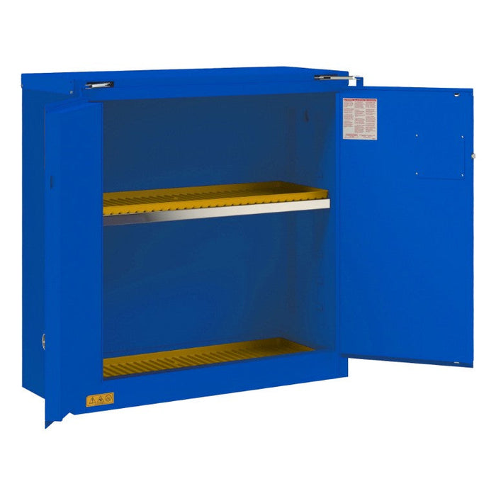1030S-293T FM Approved, Corrosive Storage Cabinet, 22 Gallon, 2 Doors, Self Close, 1 Shelf, 2 Plastic Trays, Blue