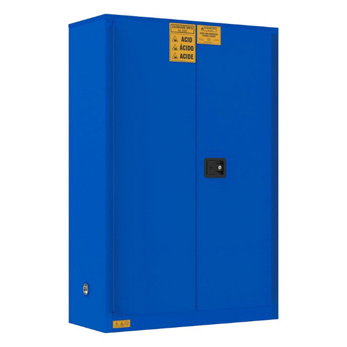 1045M-293T FM Approved, Corrosive Storage Cabinet, 45 Gallon, 2 Doors, Manual Close, 2 Shelves, 3 Plastic Trays, Blue