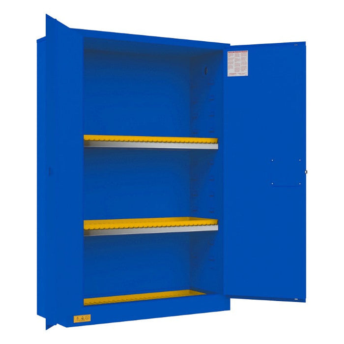 1045M-293T FM Approved, Corrosive Storage Cabinet, 45 Gallon, 2 Doors, Manual Close, 2 Shelves, 3 Plastic Trays, Blue