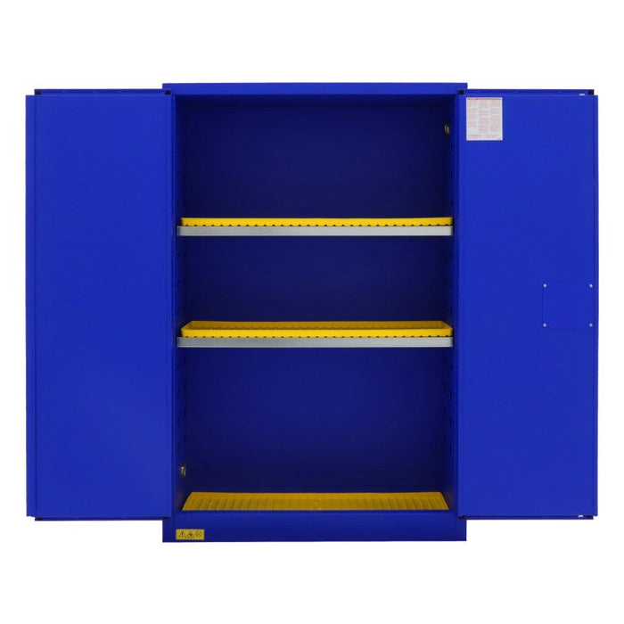 1045M-293T FM Approved, Corrosive Storage Cabinet, 45 Gallon, 2 Doors, Manual Close, 2 Shelves, 3 Plastic Trays, Blue