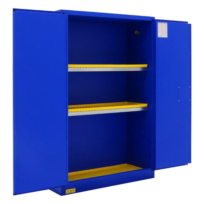 1045M-293T FM Approved, Corrosive Storage Cabinet, 45 Gallon, 2 Doors, Manual Close, 2 Shelves, 3 Plastic Trays, Blue