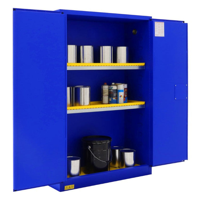 1045M-293T FM Approved, Corrosive Storage Cabinet, 45 Gallon, 2 Doors, Manual Close, 2 Shelves, 3 Plastic Trays, Blue
