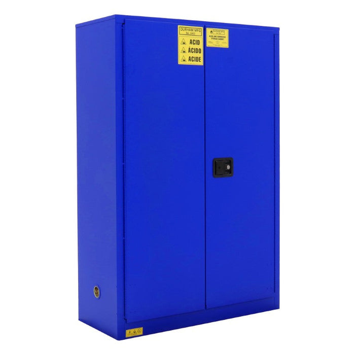 1045M-293T FM Approved, Corrosive Storage Cabinet, 45 Gallon, 2 Doors, Manual Close, 2 Shelves, 3 Plastic Trays, Blue