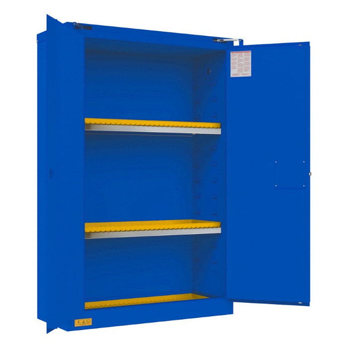1045S-293T FM Approved, Corrosive Storage Cabinet, 45 Gallon, 2 Doors, Self Close, 2 Shelves, 3 Plastic Trays, Blue