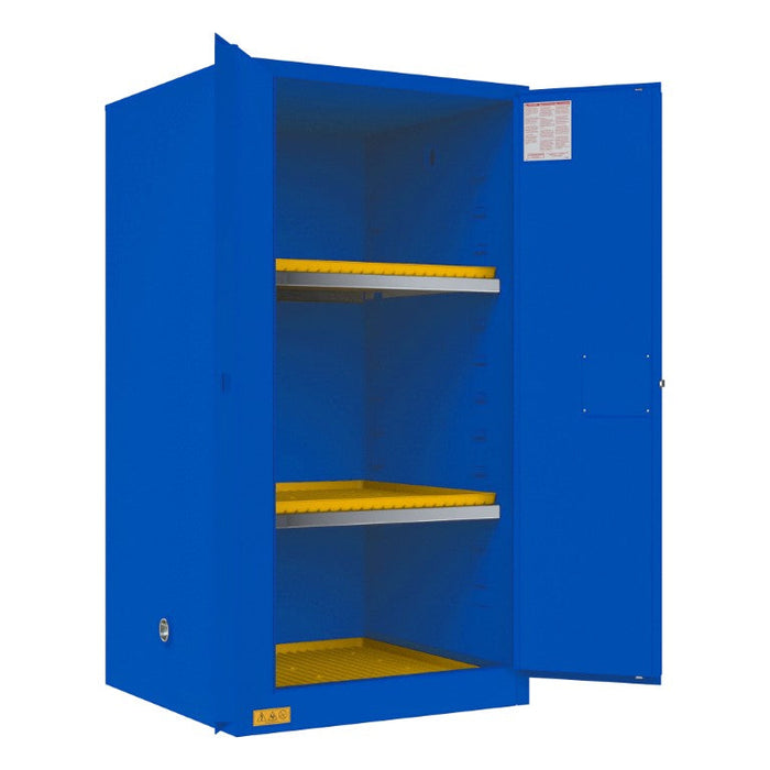 1060M-293T FM Approved, Corrosive Storage Cabinet, 60 Gallon, 2 Doors, Manual Close, 2 Shelves, 3 Plastic Trays, Blue