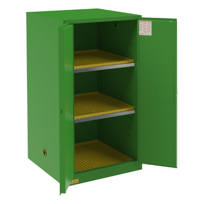 1060M-83T FM Approved, Pesticide Storage Cabinet, 60 Gallon, 2 Door, Manual Close, 2 Shelves, 3 Plastic Trays, Green