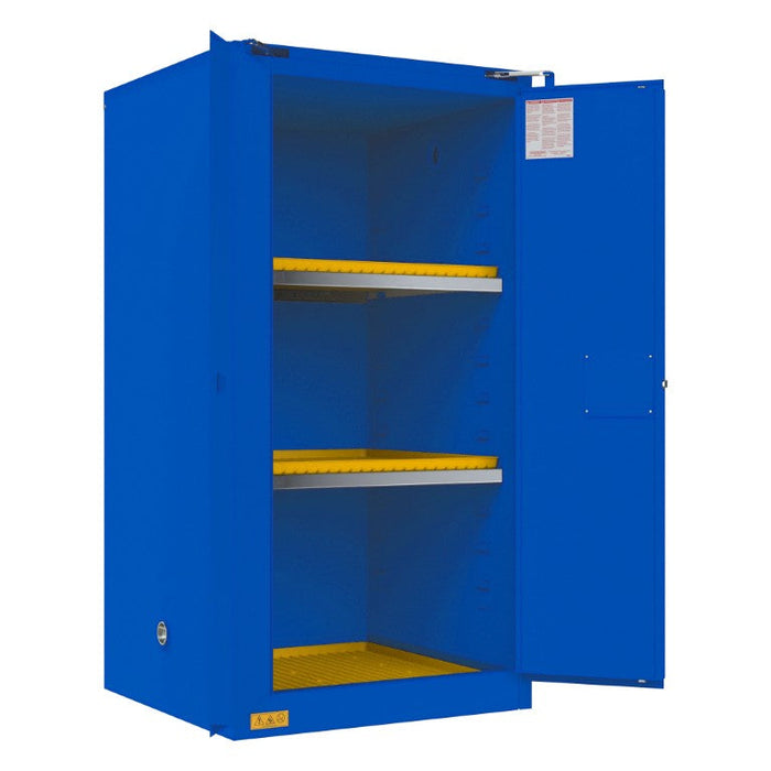 1060S-293T FM Approved, Corrosive Storage Cabinet, 60 Gallon, 2 Doors, Self Close, 2 Shelves, 3 Plastic Trays, Blue