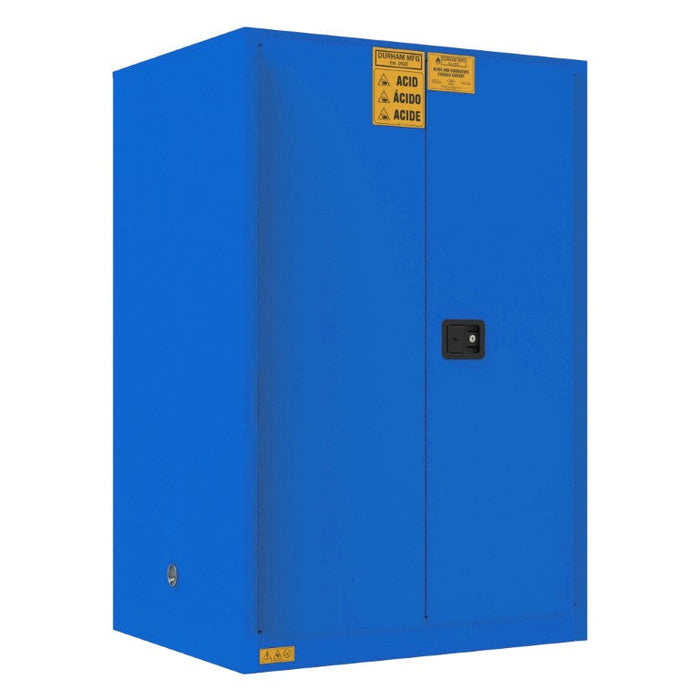 1090M-293T FM Approved, Corrosive Storage Cabinet, 90 Gallon, 2 Doors, Manual Close, 2 Shelves, 3 Plastic Trays, Blue