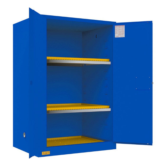 1090M-293T FM Approved, Corrosive Storage Cabinet, 90 Gallon, 2 Doors, Manual Close, 2 Shelves, 3 Plastic Trays, Blue