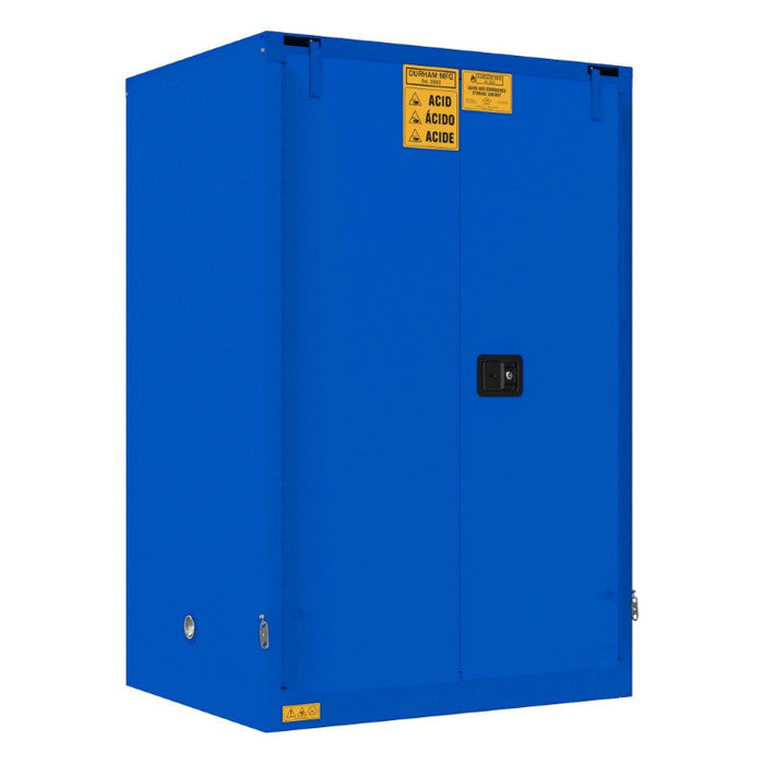 1090S-293T FM Approved, Corrosive Storage Cabinet, 90 Gallon, 2 Doors, Self Close, 2 Shelves, 3 Plastic Trays, Blue