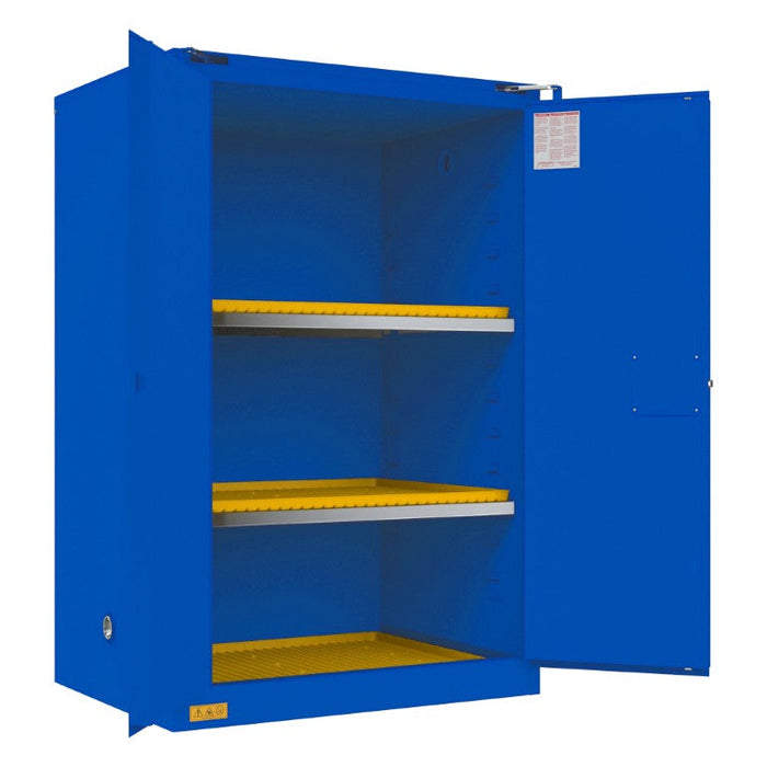 1090S-293T FM Approved, Corrosive Storage Cabinet, 90 Gallon, 2 Doors, Self Close, 2 Shelves, 3 Plastic Trays, Blue