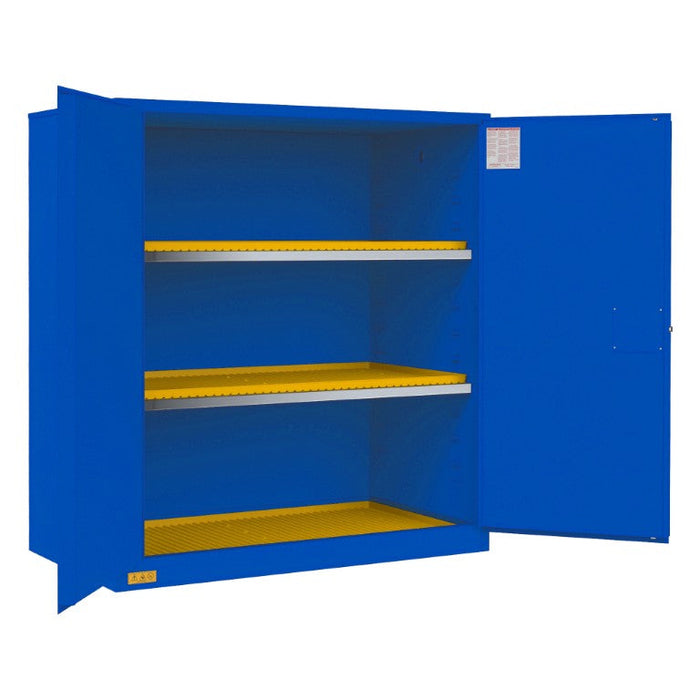 1120M-293T FM Approved, Corrosive Storage Cabinet, 120 Gallon, 2 Doors, Manual Close, 2 Shelves, 3 Plastic Trays, Blue